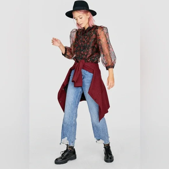 ♥️ Blashe Sheer Dramatic Floral Puff Sleeve Blouse - Picture 3 of 10